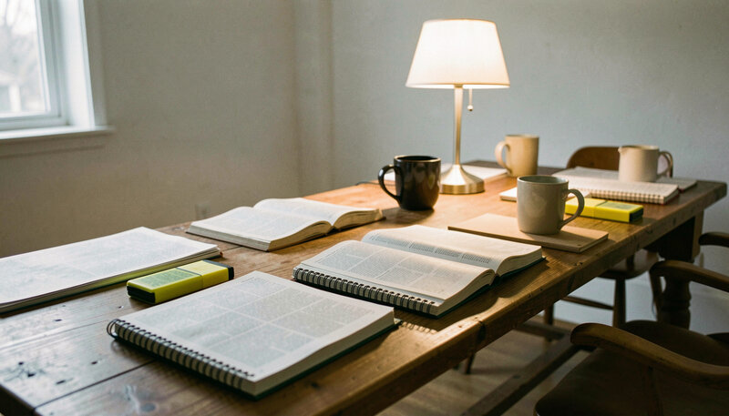 Open Bibles, notebooks and coffee mugs on a wooden table with highlighters, warm lamp light, nobody in frame.