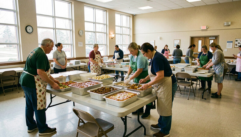 Church volunteers setting up folding tables with food trays for a community dinner in a bright fellowship hall.