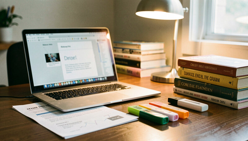 A desk with a laptop showing a presentation slide, a printed study guide, highlighters and a stack of paperback books.