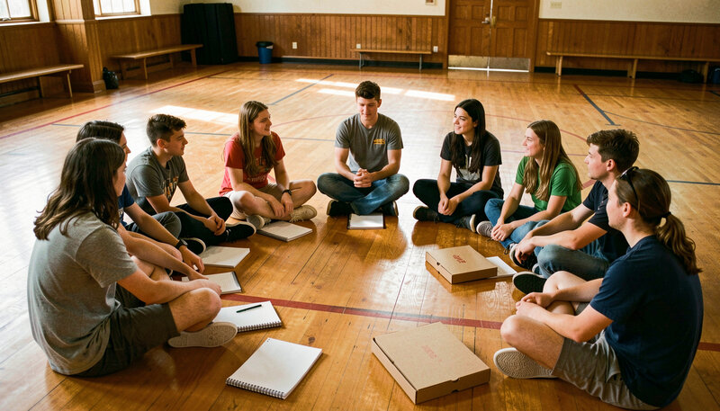 Teenagers sitting in a circle on a gym floor with a young adult leader, notebooks and pizza boxes nearby, warm indoor light in a church hall.