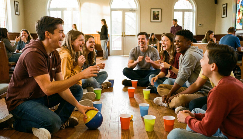 Teenagers laughing during a group game with plastic cups and a soft ball in a church fellowship hall with wooden floor.